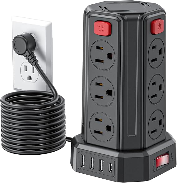Power Strip 10 Ft Extension Cord with 12 AC Multiple Outlets 4 USB (1 USB C), SMALLRT Power Strip Tower Desktop Charging Station for Home Office College Dorm Essentials