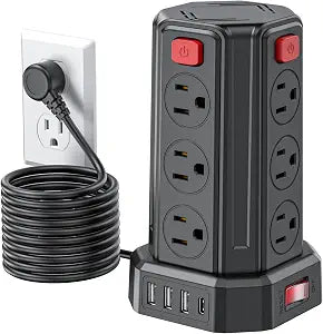Power Strip 10 Ft Extension Cord with 12 AC Multiple Outlets 4 USB (1 USB C), SMALLRT Power Strip Tower Desktop Charging Station for Home Office College Dorm Essentials