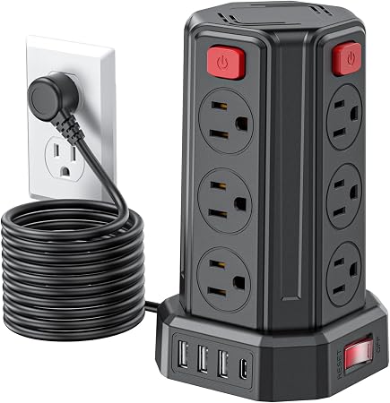 Power Strip 10 Ft Extension Cord with 12 AC Multiple Outlets 4 USB (1 USB C), SMALLRT Power Strip Tower Desktop Charging Station for Home Office College Dorm Essentials