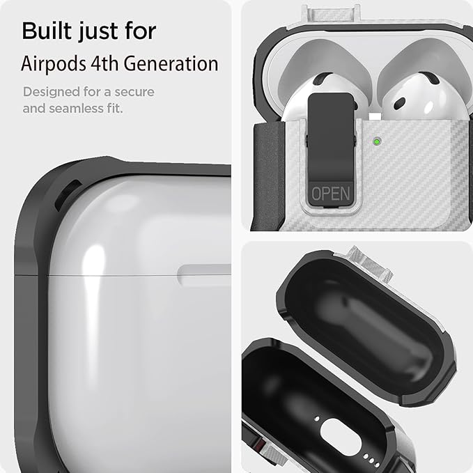 for Airpods 4 Case with Lock Clip, Rugged Apple Airpods 4th Generation Cover 2024 Men Women, Armor Shockproof iPod 4 Gen Protective Hard Shell with Carabiner&Cleaner kit,CF Black/White