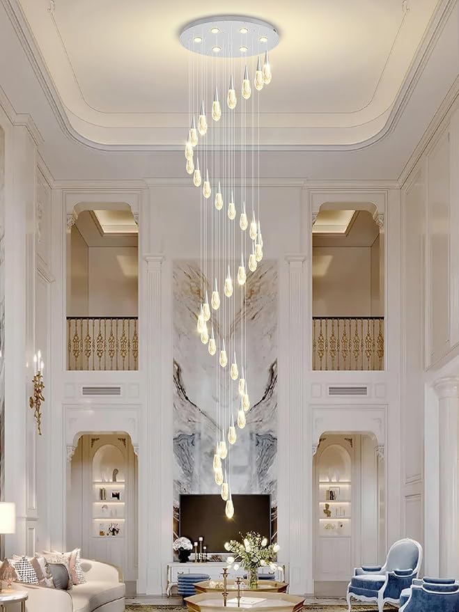 H 177" Moderm Extra Large Chandelier 36-Lights Foyer Chandelier for High Ceiling Crystal Pendant Light Fixture Raindrop Chandeliers for Staircase Villa Living Room (Silver