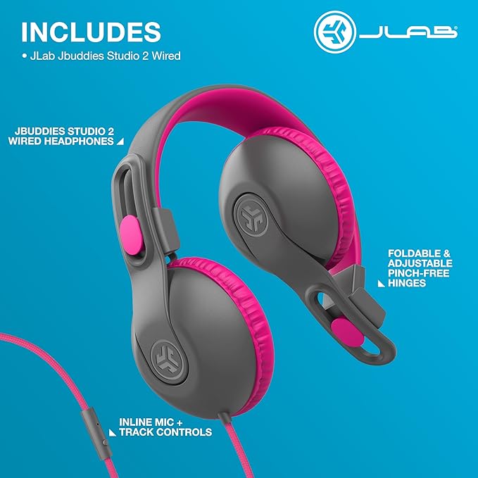 JLab JBuddies Studio 2 On-Ear Kids Wired Headphones, Grey/Pink, Toddler Headphones, Kid Safe, Studio Volume Safe, Volume Limiter, Folding, Adjustable, Noise Isolation, with Mic
