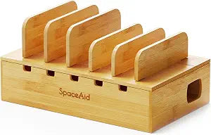 SpaceAid Bamboo Charging Station for Multiple Devices, Cell Phone Docking Stations for Multi Laptop, Tablets and iPads, Nightstand Bedside Desk Device Charger Organizer (Natural)