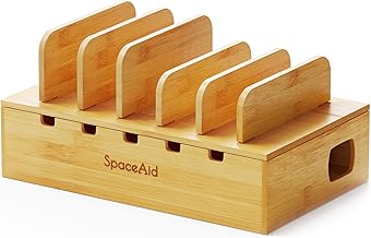 SpaceAid Bamboo Charging Station for Multiple Devices, Cell Phone Docking Stations for Multi Laptop, Tablets and iPads, Nightstand Bedside Desk Device Charger Organizer (Natural) - Image 1