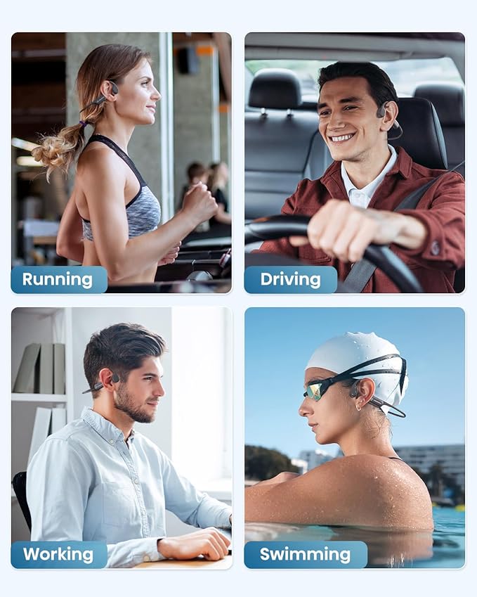 SAMVEK Bone Conduction Headphones IP68 Waterproof Swimming Headphones Open Ear Headphones with MP3 Mode 32GB Memory Up to 10 Hours Playtime Bluetooth 5.4 Ear Buds Secure Fit for Running and Fitness