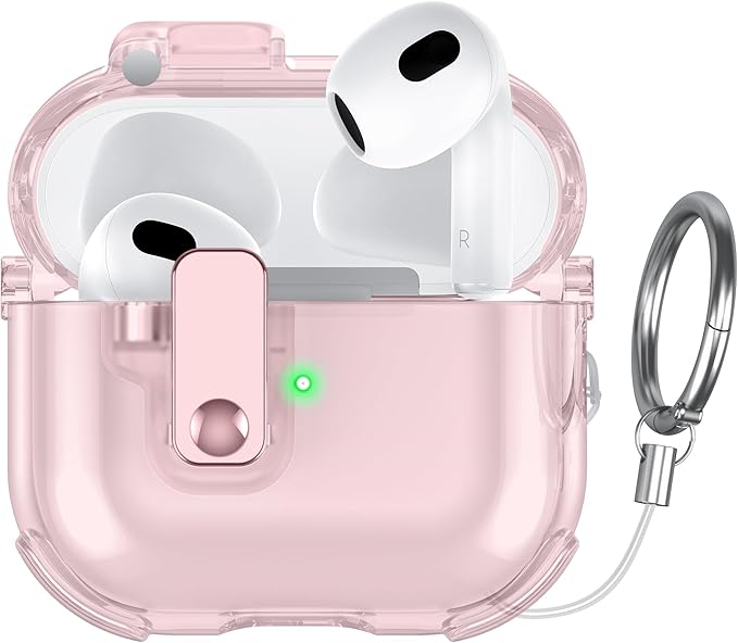 Clear Case for AirPods 3 Case Cover with [Lock Safety & Pop Up][Military Shockproof] Anti-Yellow Transparent Soft TPU Wireless Charging for AirPods 3 Generation Case with Keychain,Clear Pink
