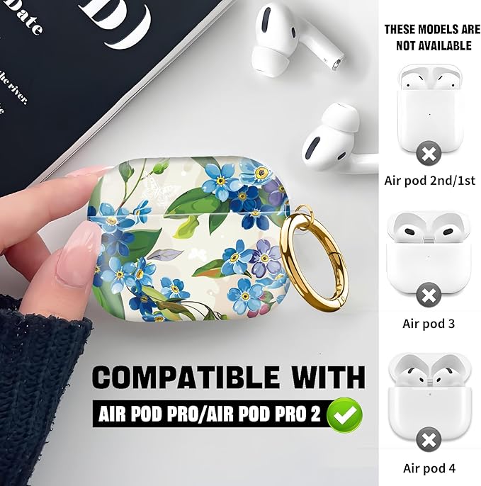 Compatible with AirPod Pro 2nd//1st Generation Case Cover with Key Chain,Full Protective Shockproof Wireless Headphone Case for Airpod Pro 2023/2022/2019（Blue Flowers）