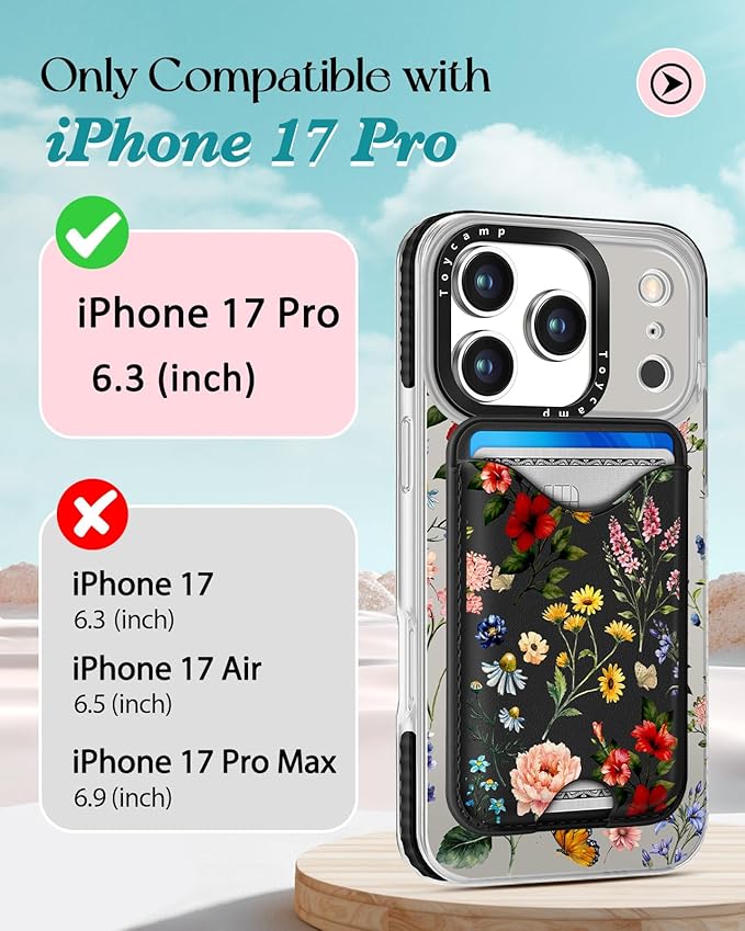 Toycamp for iPhone 17 Pro Max Case - Compatible with Magsafe Credit Card Holder Wallet Magnetic Cute Women Teen Girls Kawaii Girly Unique Flower Floral Design Phone Cover for Apple 17 Promax