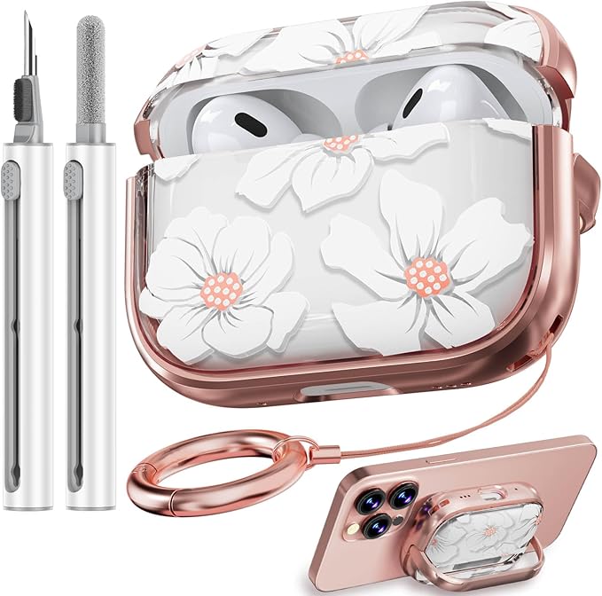 Inesore for AirPods Pro 2nd Generation Case Cover with Lock, Flowers Cute Clear Air Pods Pro 2 Case Hard iPod Pro Cases for Women Girls with Cleaner Kit (2023 USB-C /2022/2019) -White Lily