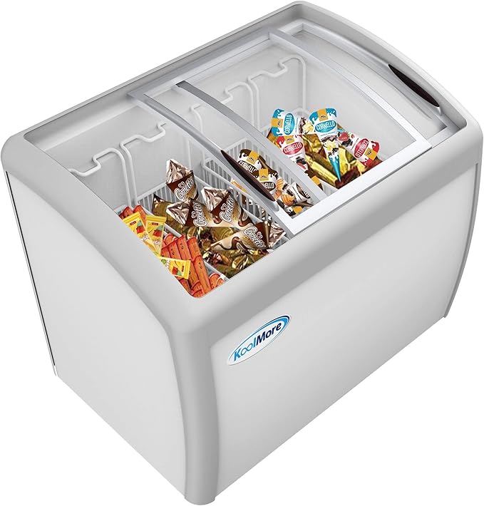 KoolMore - MCF-12C Commercial Ice Cream Freezer Display Case, Glass Top Chest Freezer with 4 Storage Baskets and Clear, Sliding Lid, Large 12.7 cu.ft Capacity, White