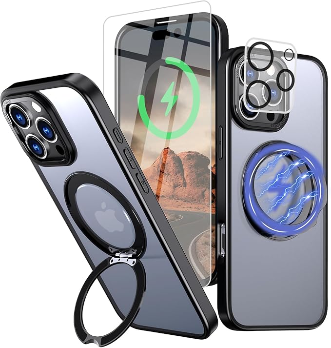 for iPhone 16 Pro Case with Screen Protector & Lens Protector [15 FT Military Drop Protection] Magnetic Kickstand Compatible with MagSafe Slim Translucent Case (Black)