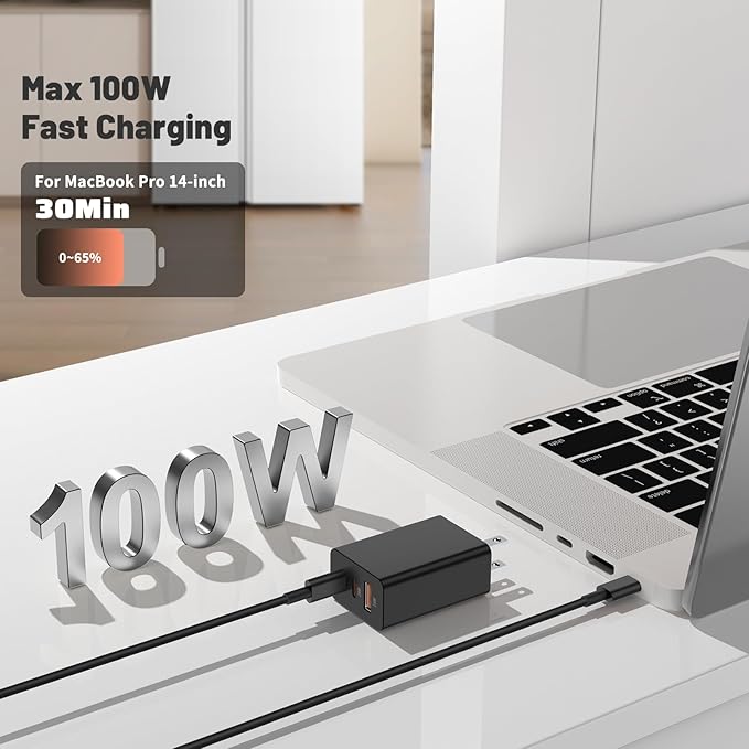100W USB C Wall Charger ，3-Port GaN USB C Charging Block,PD+QC Power Adapter Multiport Brick Type C Plug for iPhone17 16 15 14 13 12 11 Pro Max XS，MacBook, XPS, Galaxy S24 and More