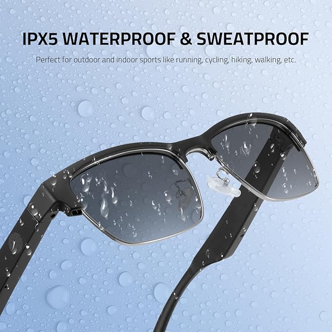 Smart Glasses Bluetooth - IP5 Waterproof Audio Sunglasses for Women and Men, Open Ear Sound Built-in Mic & Speakers, Polarized Sunglasses Lenses Smart Devices Voice Assistant (Silver)