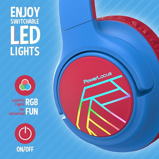 PowerLocus Kids Wireless Headphones, Bluetooth Kids Headphones LED Lights Over Ear with 74/85/94dB Volume Limited, 45H Playtime,Built-in Mic, Two Device Share Mode, HD Stereo for Travel/PC/Tablet