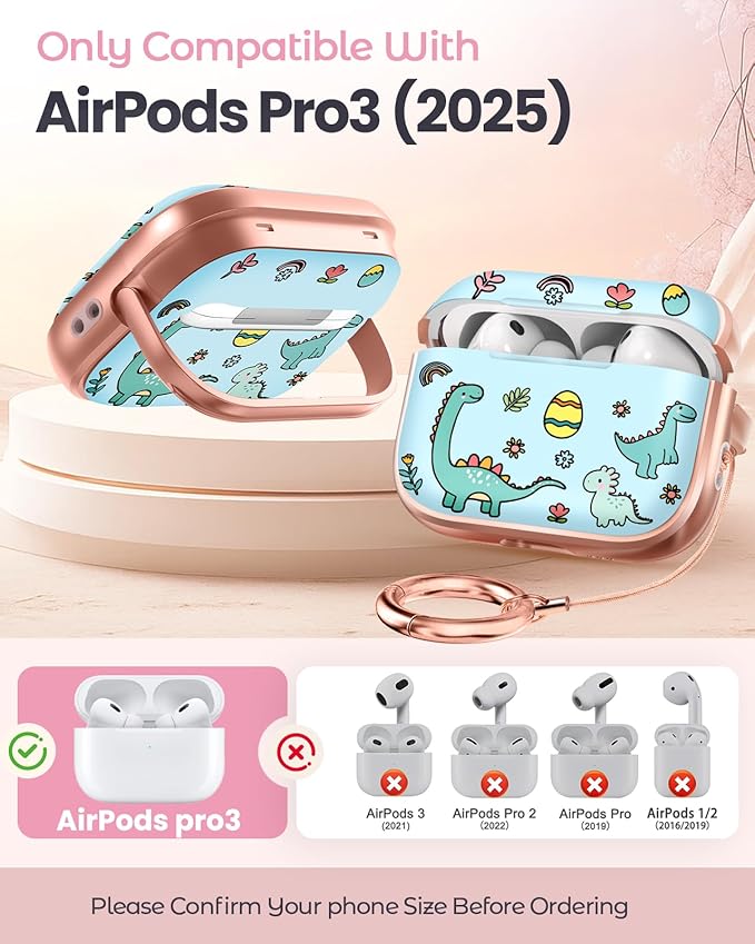 Coralogo for AirPods Pro 3 Case with Safety Lock - Cute Cartoon for Women Girls Fashion Stylish Dinosaur Pattern Design Kawaii Girly Girlish Hard Protective Cover for AirPods Pro 3rd Generation