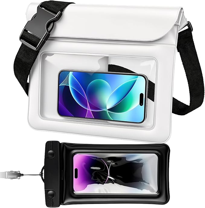 Waterproof Dry Bag Set 2 Pcs: White 9.8" Clear Fanny Pack with Black Waterproof Phone Case -7" Phone Pouch, IPX8 Floating Water Proof Belt Bag with Adjustable Strap for Cruise Beach Swim Essentials