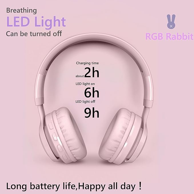 Kids Bluetooth Headphones,85db Volume Limit,Hearing Protection,Wireless Headphones with Mic,Music,Chat,Kids Mode,Normal Mode,Wireless and Wired,LED Light,for Children Adults,Pink