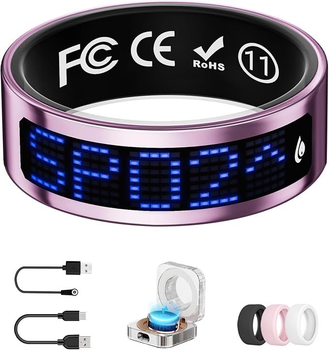 Smart Ring for Women & Men with Display, Health Ring with Heart Rate, Sleep Monitor, IP68 Waterproof Fitness Ring, Fitness Tracker Ring, No APP Fee for iPhone and Android (Pink, 11#)