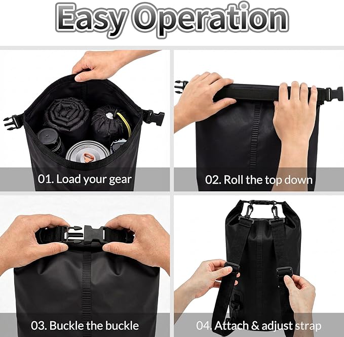 Waterproof Backpack 20L, Roll Top Closure Dry Bag Water Proof Black, Lightweight Floating Dry Bag for Kayaking Boating Hunting, Durable Hiking Backpack with IPX8 Waterproof Phone Pouch-Black, 7"