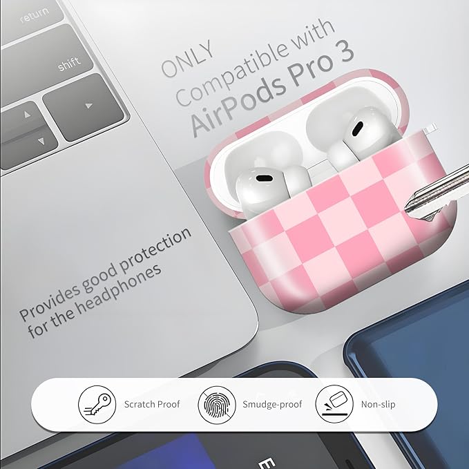 Compatible with AirPods Pro 3rd Generation 2025 Case Cover with Gold Keychain - Cute Protective Hard AirPod Pro 3 Cases for Women - Beige Pink Checkered