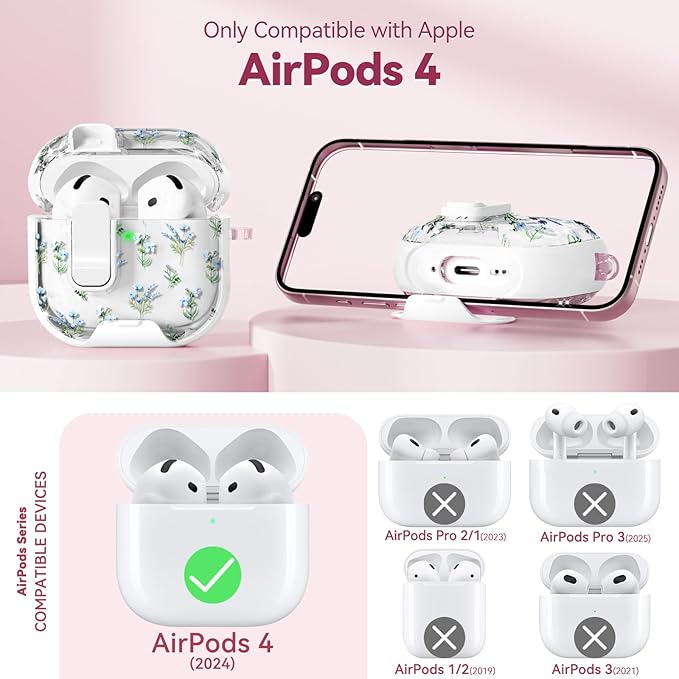 with Safety Lock for Apple AirPods 4 Case,Clear Floral Cute AirPod 4th Generation Case with Phone Stand & Cleaning Kit for Women Girly-Blue Narcissus