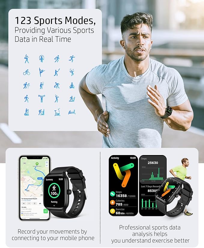 Smart Watch for Men Women, 1.96" GPS Watcher with 120+ Sports Modes, Blood Pressure/Heart Rate/Blood Oxygen/Sleep Monitor, IP67 Waterproof Smartwatch for Android iOS