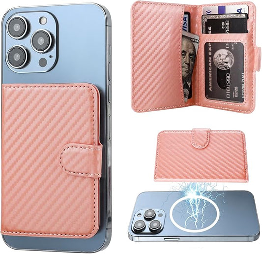 Bocasal for MagSafe Wallet Magnetic Card Holder, RFID Blocking Leather Card Slots for iPhone 17/16/15/14/13/12 Pro/Max/Plus/Air, Adjustable Kickstand Flip Mag Safe Wallet (Carbon Filber Rose Gold)