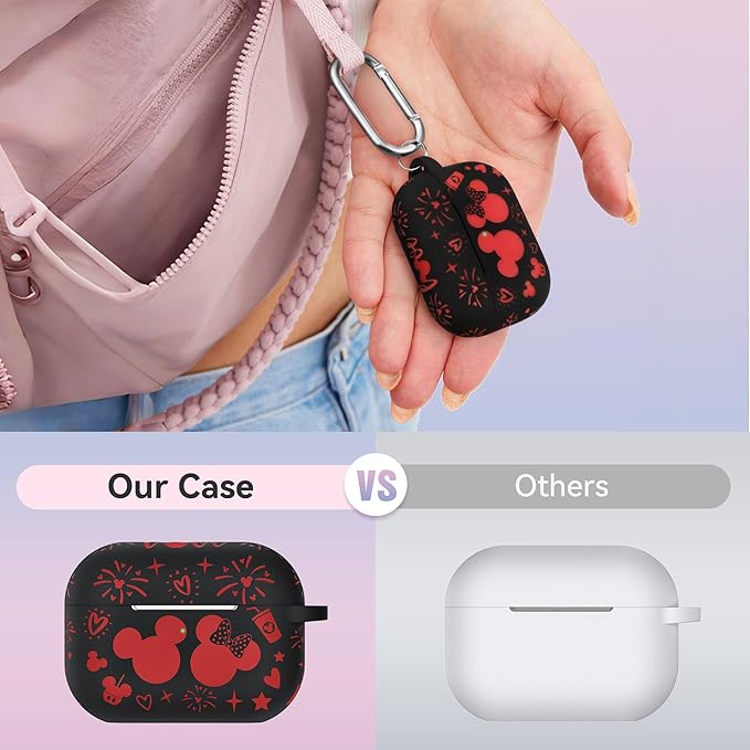 Compatible with Airpods Pro 2nd/1st Generation Case Cover with Keychain, Women Men Soft Silicone Two-Tone Cute Cartoon Engraved Convenience Protective Case, Front LED Visible Black/Red