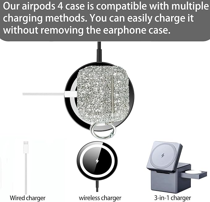 for Cute Glitter AirPods 4 Case for Women| Bling Hard Airpod iPods 4 Cases | with Keychain | Sparkly Rhinestone Air Pods 4 Generation Case for Women Girl- Model A3058/A3059(White)