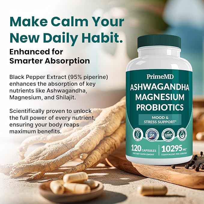 PrimeMD 5-in-1 Cortisol Supplement for Women and Men with Ashwagandha for Calmness, Focus, and Adrenal Support Supplements with Shilajit Extract, Magnesium Glycinate, Probiotics (120 ct) (Pack of 4)