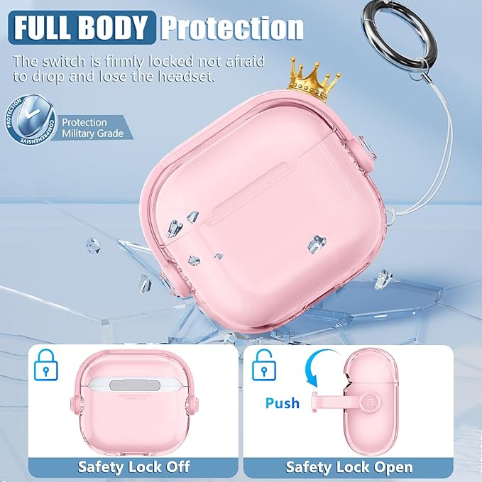 Safety Lock for Airpods 4 Case,TPU Clear Cases for Apple Air pods 4 Case with Cleaner Kit,Drop Protection Airpod 4 Cases Cover for Men for Women with Lock and Keychain,Clear Pink