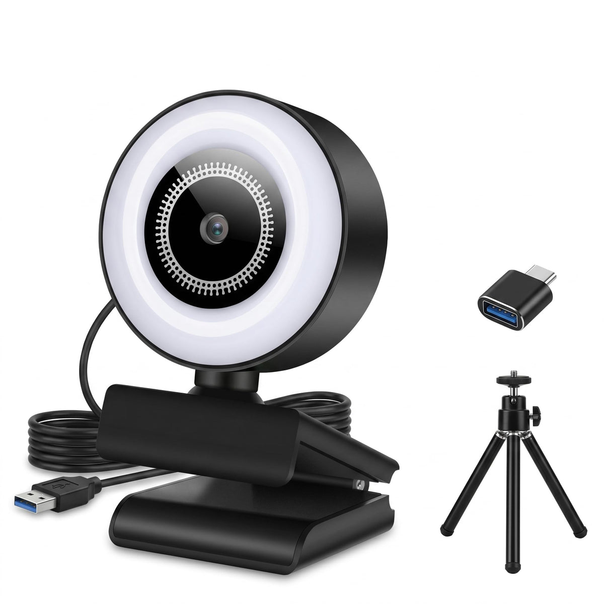 1080P HD Mini Webcam with 3-Color Fill Light, Wide Angle Lens, Noise Canceling Microphone and Tripod, USB C Adapter Included for Laptop Desktop Zoom Skype Streaming Gaming - Image 1
