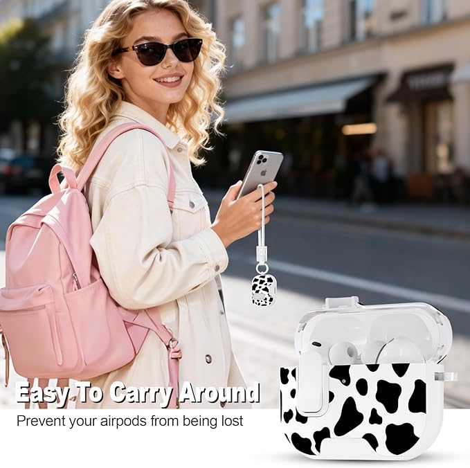 for AirPods Pro 3 Case(2025) with Secure Lock Clip and Phone Stand,Floral Girly Style Protective Cover with Cleaning Kit and Hand Strap for Apple AirPod Pro 3 Generation (White Cow)