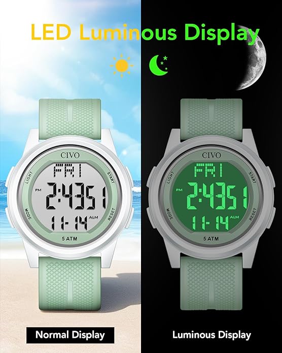 CIVO Digital Watches for Men Women: Sports Waterproof Wristwatch with Stopwatch Alarm Date - LED Backlight Big Numbers Silicone Watch for Outdoor Camping Running Cycling