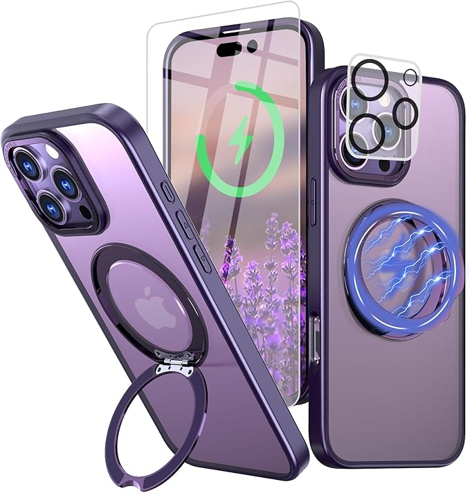 for iPhone 16 Pro Case with Screen Protector & Lens Protector [15 FT Military Drop Protection] Magnetic Kickstand Compatible with MagSafe Slim Translucent Case (Deep Purple)