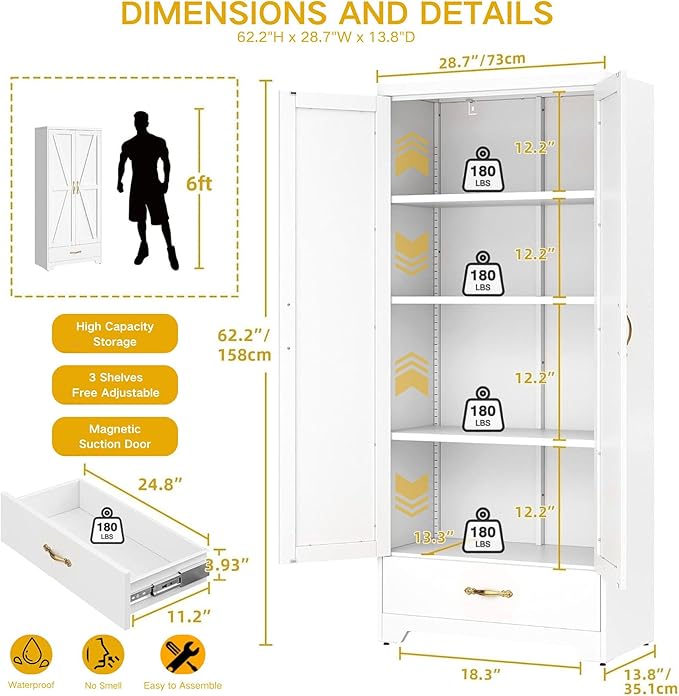 DWVO 62" Pantry Cabinet with Doors and Shelves, Metal Kitchen Storage Cabinet with Magnetic Door & Adjustable Shelves, Farmhouse Tall Cabinet for Dining Room, Kitchen, White