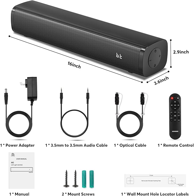 Wohome 2.1 Sound Bars for TV, Built-in Subwoofer, 6 Levels Voice Enhancement, 16 Inches TV Soundbar Speakers with Bluetooth 5.3/Optical/AUX/USB Connection, Wall Mount, 3 EQ Modes, S100