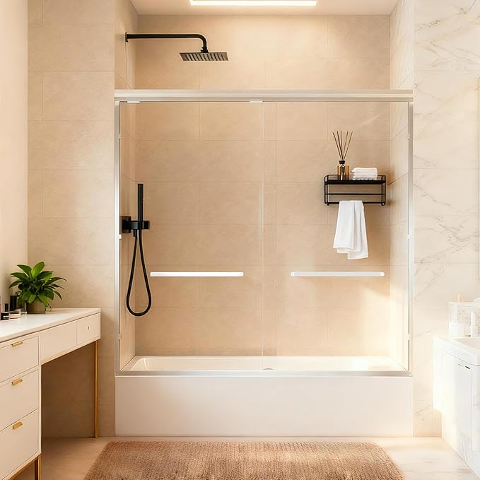 Tub Shower Door, 56-60" W x 57" H Semi-Frameless Bypass Double Sliding Bathtub Door with 1/4 inch Clear Tempered Glass for Walk in Shower, Chrome