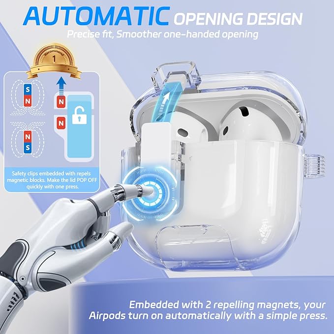 for AirPods 4 Case, Clear AirPod 4 Case Caver with Safety Lock & Phone Stand, Auto-Open Design for Apple AirPods 4th Gen 2024, Anti-Scratch & Shockproof Protective Cover with Cleaner & Keychain