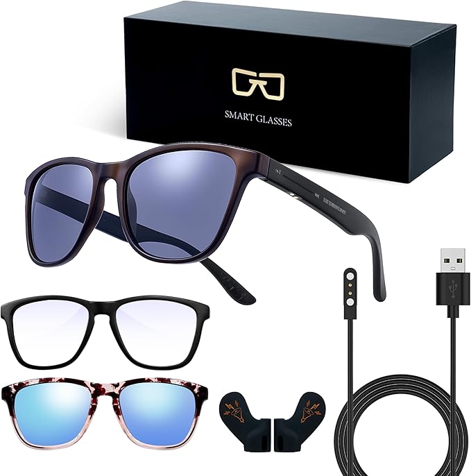 Smart Glasses,Bluetooth Glasses with 2pcs Replacement Lenses 160 Language 5.4 Translation Glasses UV Protection Bluetooth Sunglasses for Men Lightweight Design for Travel,Work,Business,Fishing,Driving