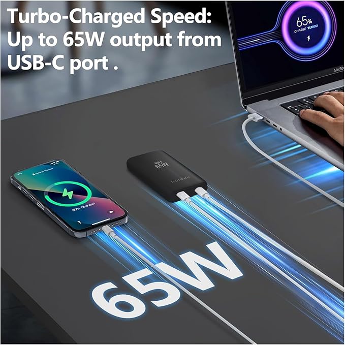 65W GaN USB C Charger,Dual-Port Fast Wall Charger,PD 3.0 & QC 4.0,Foldable Plug for MacBook Pro/Air, iPhone 15, iPad Pro, Galaxy S24, Steam Deck & More (Black-2C)