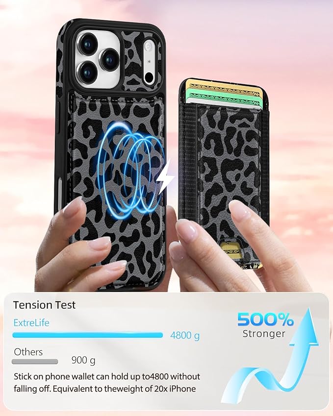 Shorogyt for iPhone 17 Pro Case Wallet - Fits 5 Cards, Compatible with Magsafe Detachable Magnetic Credit Card Holder Leather Cardholder Cute Phone Cover Women Girls for Apple 17Pro, Leopard
