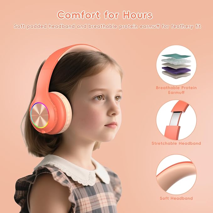 Kids Bluetooth 6.0 Headphones with LED Light, 85Hours Playtimes, Type-C Fast Charging, 85/94dB Volume Limited, Wireless Headphones with Built-in Mic, Wired & TF Card Mode, Pink and Orange