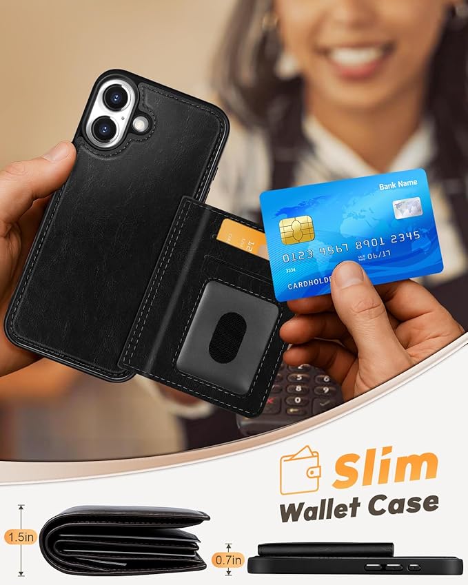 for iPhone 17 Case with Wallet - Fits 4 Card Slots, Compatible with MagSafe for Women Men Durable PU Leather Credit Card Holder Kickstand Phone Cover for Apple 17, Black