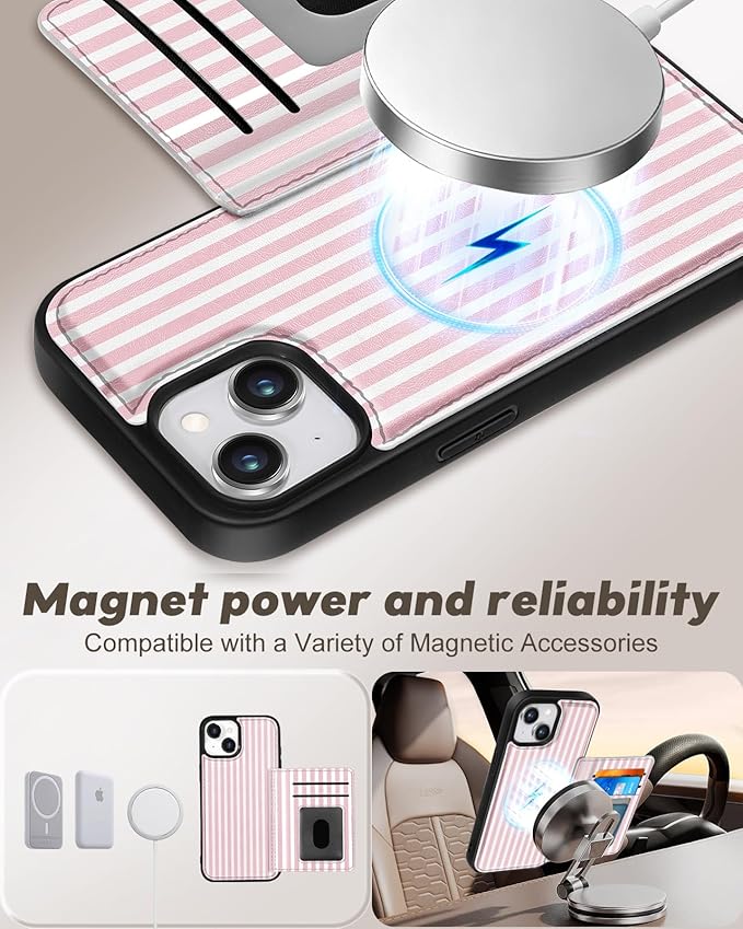 for iPhone 15 Plus Case with Wallet - Fits 4 Card Slots, Compatible with MagSafe for Women Aesthetic Durable PU Leather Credit Card Holder Kickstand Phone Cover for Apple 15 Plus, Stripe