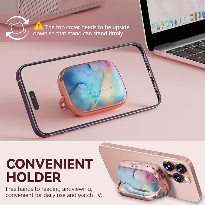 Inesore for AirPods Pro 2nd Generation Case Cover with Lock, Flowers Cute Air Pods Pro 2 Case Hard iPod Pro Cases for Women Girls with Cleaner Kit (2023 USB-C /2022/2019) -Blue Rainbow Gold Marble