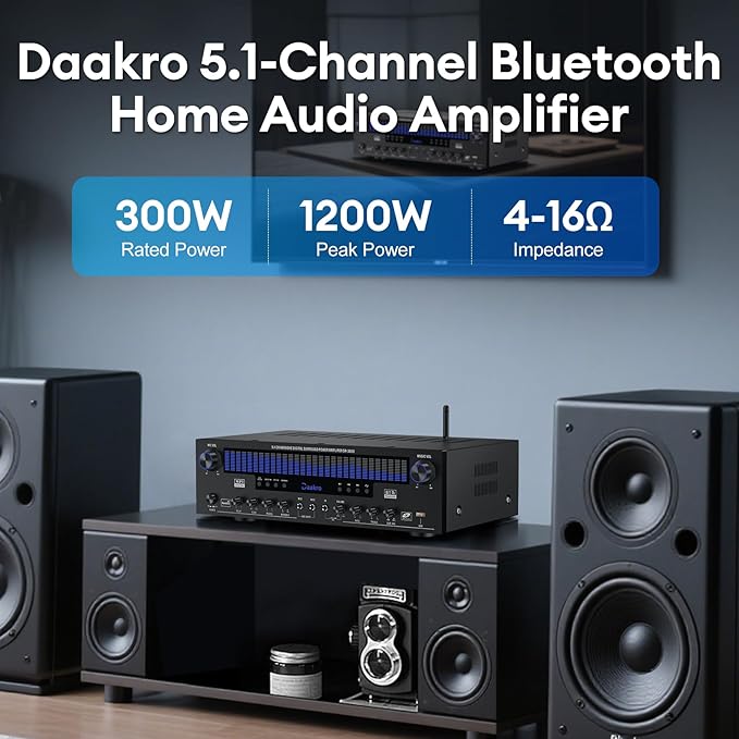 Stereo Receivers Home Audio Amplifier w/DSP Display,300W Rated Power 5.1 Channel Bluetooth Receiver,Home Amp w/BT/CD/DVD/AUX/USB/BT/FM/Opt/COA/MIC for Home/Studio/Theater Passive Speakers