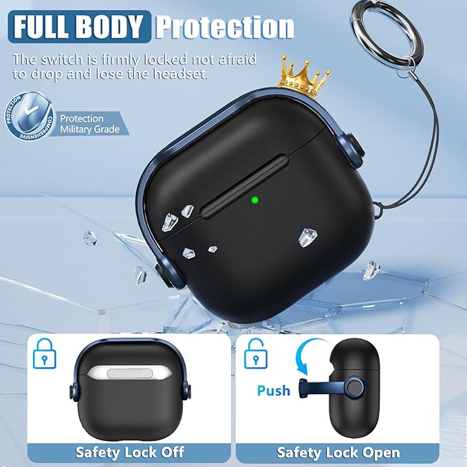 Safety Lock for Airpods 4 Case, TPU Case for Apple Airpods 4 Case 2024 USB-C with Cleaner Kit, Drop Protection Airpods 4 Case Cover for Men with Lock and Keychain, Black+Blue