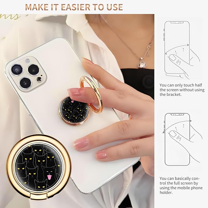 Cell Phone Ring Holder, Cute Metal Phone Grip Stand Finger Ring Kickstand, Flexible 360°Rotation Phone Tablet Case Accessories Compatible with Most Phones Luxury Black Cats