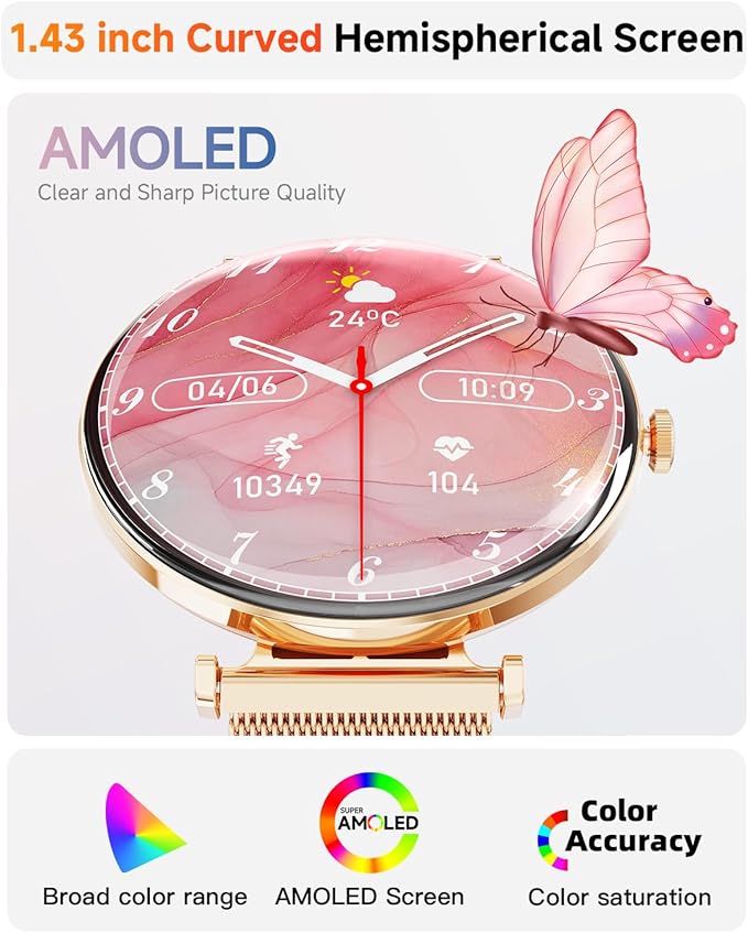 Smart Watches for Women Men[Calls/2 Bands/Metal Thin Body] for Android iPhone Samsung Compatible,1.43" Micro-Spherical AMOLED Screen,IP68 Waterproof Sports Watch